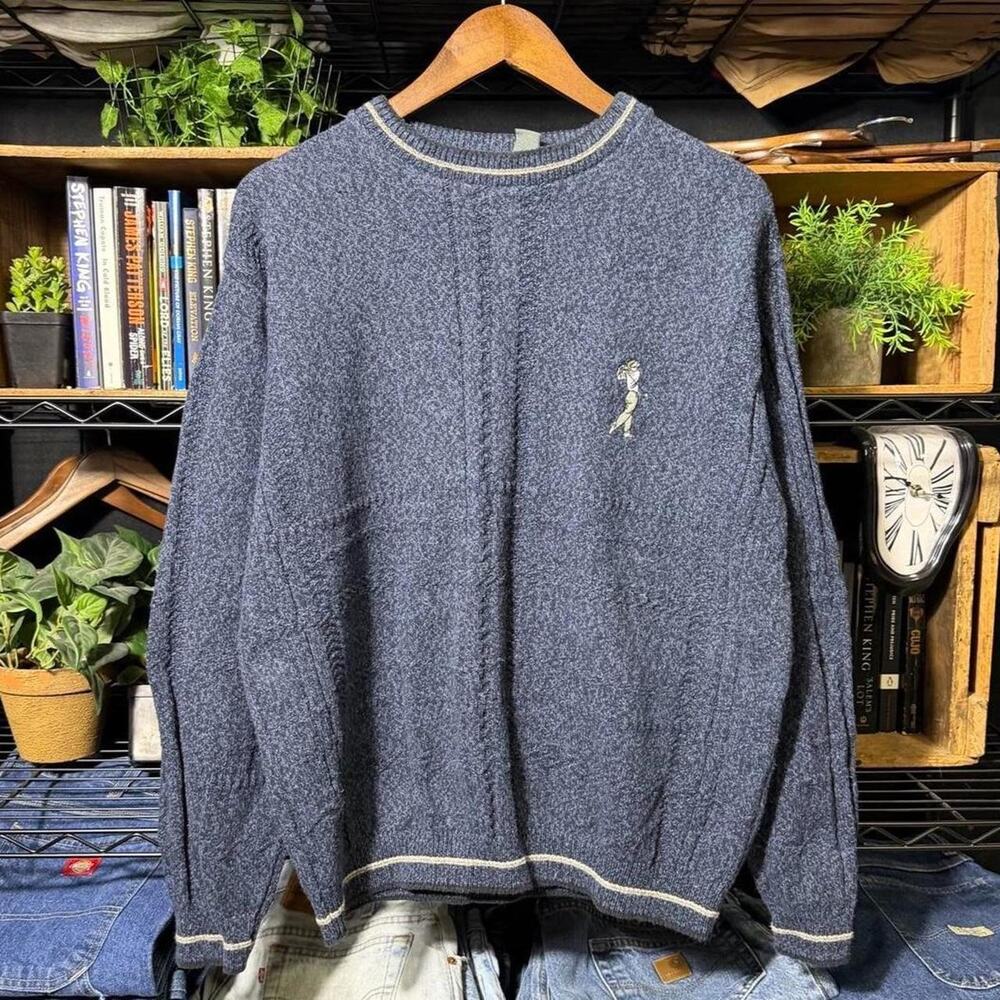 Vintage Haggar Gold Embroidered Sweater Blue Knit 3d Knit Striped Sweatshirt XL